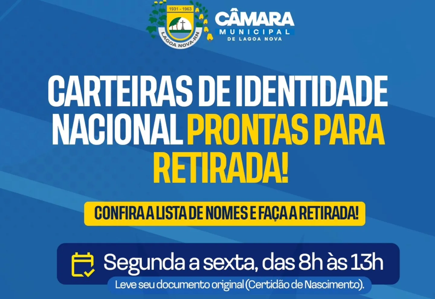 CARTEIRAS DE IDENTIDADE PRONTAS PARA RETIRADA!